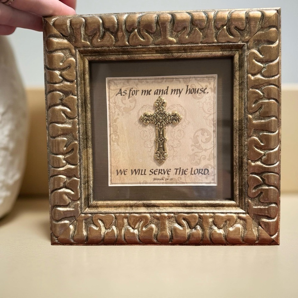 𝅺CarpenTree charming framed art Joshua 24:15 & ornate raised gold cross 7.5x7.5